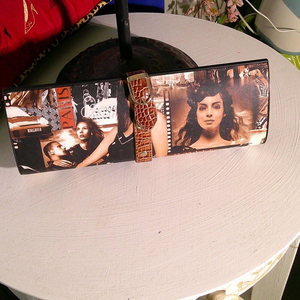Retro “City Muse” Collage Clutch – Berlin, Paris & London Print – Faux Croc Stra